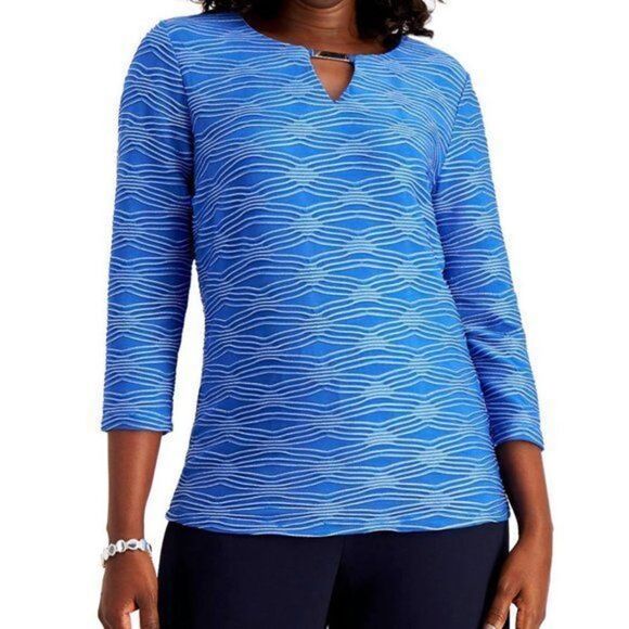 JM Collection Jacquard Metallic Top Blue Steel M - Picture 1 of 4